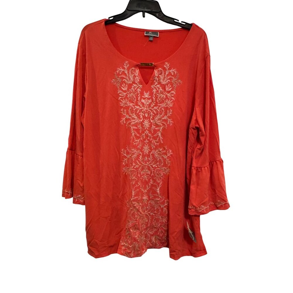 JM Collection Womens XXL Red Embroidered Bell Sleeve Tunic Top Polyester/Spandex